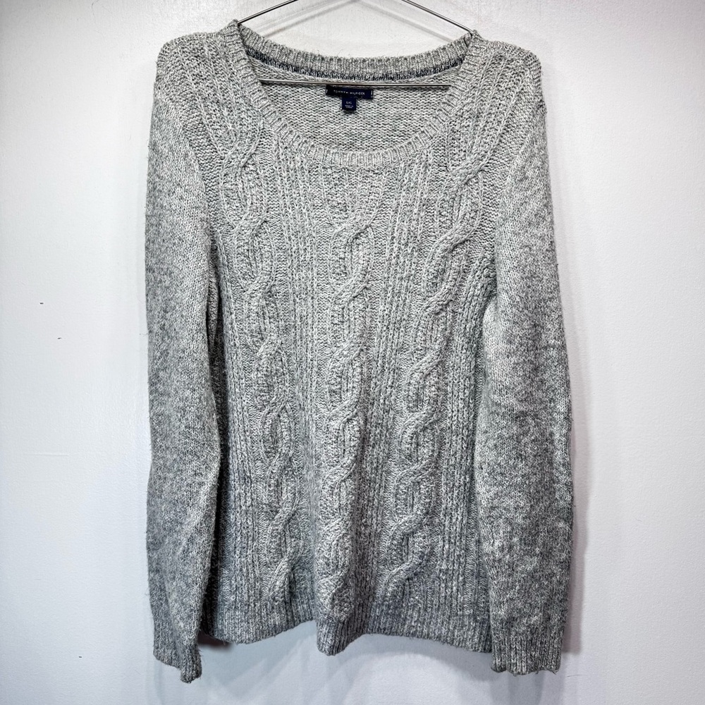 Tommy Hilfiger Gray Cable Knit Sweater Crewneck Fisherman Cottagecore Cozy Large